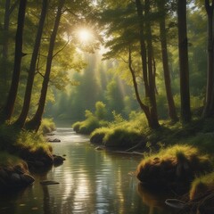 A Serene Scene Of A Quiet River Flowing Through A Dense With Sunlight Filtering Through The The Sound