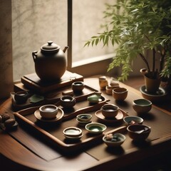 A Serene Scene Of A Tranquil Japanese Tea Ceremony With Traditional Tea A Beautifully Arranged Tea And The