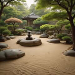 A Serene Scene Of A Tranquil Japanese Zen Garden With Meticulously Raked Sand Elegant Bonsai And A Traditional
