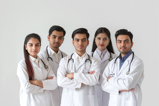 A group of five young Indian doctors standing together, looking confident in their white coats and stethoscopes