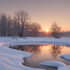 A Serene Winter Landscape With Trees And A Frozen With A Soft Sunrise Casting A Gentle