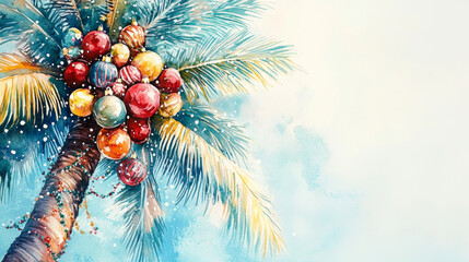 Watercolor illustration of a palm tree adorned with vibrant Christmas ornaments against a bright, sky-blue background, blending tropical and holiday elements.