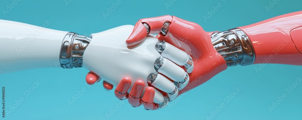 Poster close-up of two robot hands shaking, representing technological collaboration, futuristic innovation