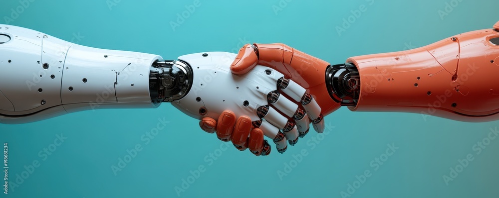 Poster close-up of two robot hands shaking, representing technological collaboration, futuristic innovation