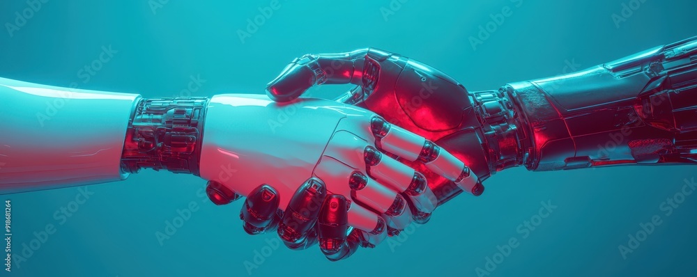 Poster 3d rendering of a robot hand shaking a human hand on a blue background, with a red and white color s