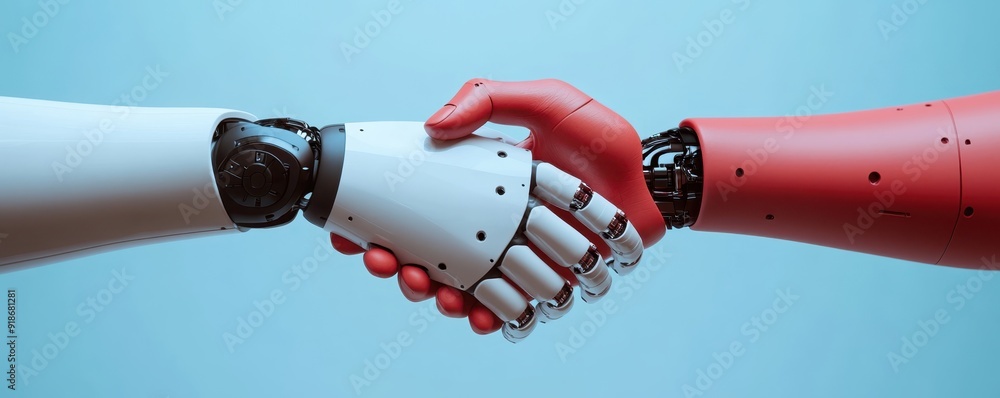 Aufkleber robot holding hands together and making an agreement. symbolizing collaboration in the digital age o