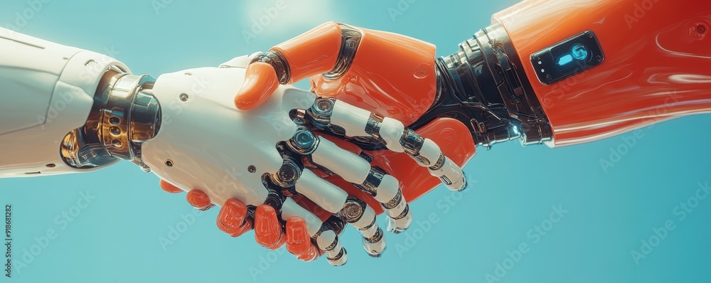 Poster close-up of two robot hands shaking in a friendly gesture against a blue background, representing mo