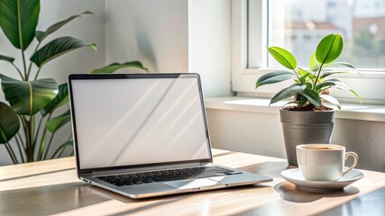 Fototapeta premium A laptop is open on a table next to a potted plant and a cup of coffee