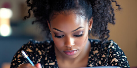 Fototapeta premium Focused Writer: A portrait of a woman, pen in hand, deeply absorbed in her writing