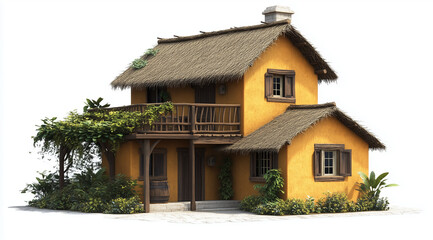 Rendering of a Two-Level Cottage with a Charming Thatched Roof