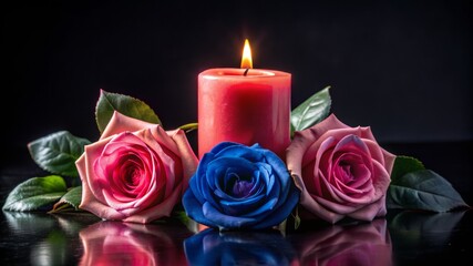 Fototapeta premium A table with three candles and two roses