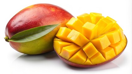 A slice of mango is cut in half and placed on a white background