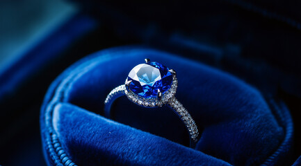 Exquisite Sapphire Ring in a Velvet Box with Brilliant Sapphire Blue Cut
