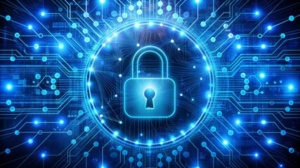 A blue and white image of a key on a lock with a blue background