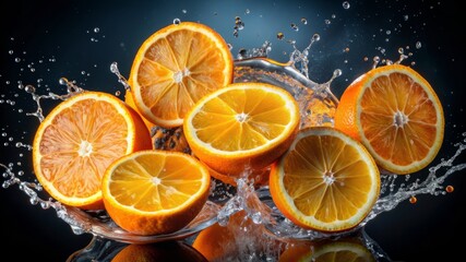 A close up of a bunch of oranges with water splashing around them