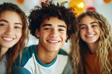 Fototapeta premium Joyful Teenagers Celebrating Together with Balloons on a Bright Day Indoors