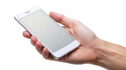 A hand holding a white cell phone with a blank screen