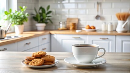 A plate of cookies sits on a wooden counter next to a white coffee cup