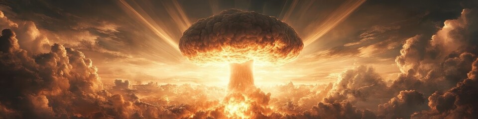 A colossal nuclear explosion illuminates a dramatic cloudscape at sunset, with intense light and dark smoke dominating the sky.