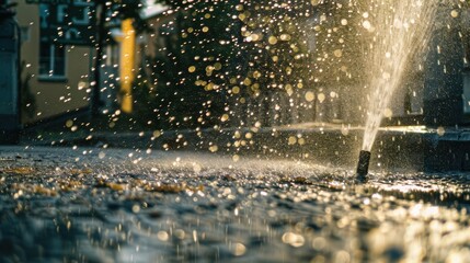 Water sprinkler casting water droplets onto cobblestone street at sunset in the city