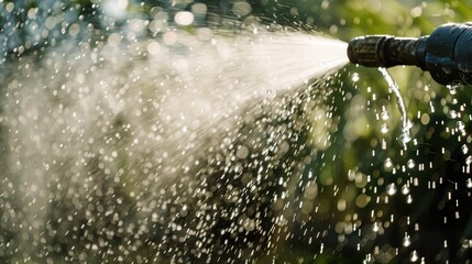 Glistening water droplets in the air as a garden hose sprays on a sunny day