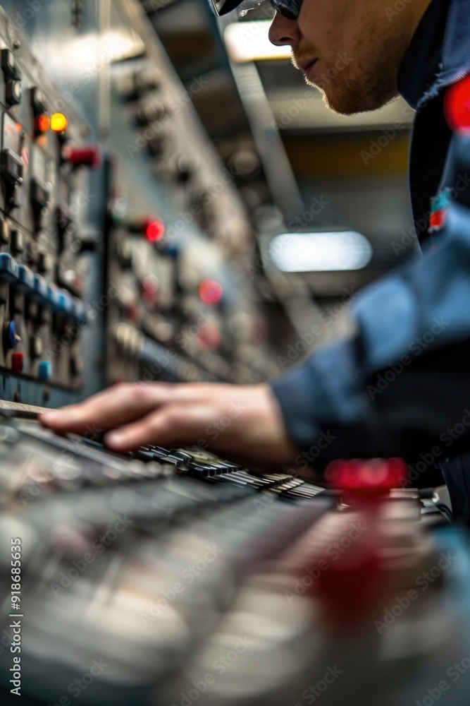 Poster a worker uses a computer in a industrial setting