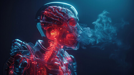 3D render futuristic a detailed illustration of human head part with smoke effect in dark background.