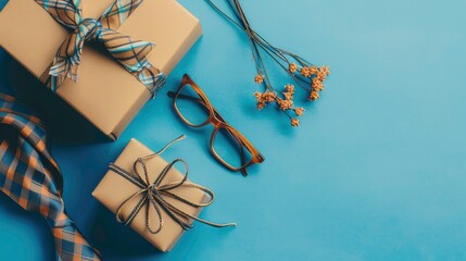 Naklejka premium A flat lay of two wrapped gifts, glasses, and dried flowers on a blue background.
