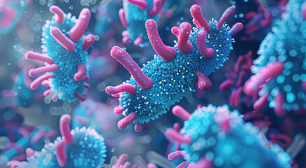Fototapeta premium Wallpaper photo of blue and pink bacteria with blurred background 3D rendering. For learning science, biology.