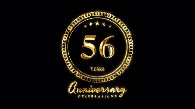 56th Anniversary Celebration. Happy 56 Years Anniversary Animation in Gold Color on the Transparent Background, Alpha Channel. Great for greetings, celebrations, events, and gifts.