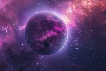 Fototapeta premium Purple Planet in Space with Glowing Pink Nebula Clouds