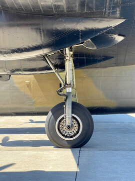 Tire and strut on the landing gear of a B-25 Mitchell WWII bomber
