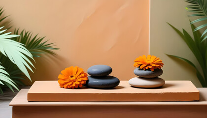 Obraz premium black stones on a wooden platform with orange 4