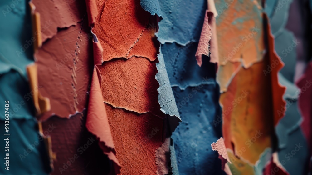 Poster peeling layers of vibrant paint create an abstract and textured backdrop on an aged wall