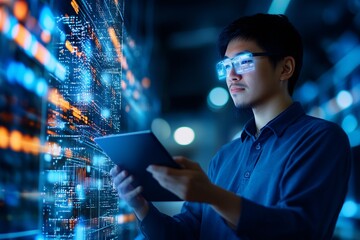 Young IT Professional Analyzing Data on Digital Tablet in Server Room