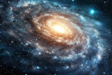 Spiral galaxy in deep space with stars and glowing dust