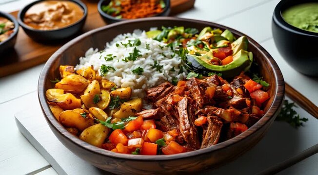 Traditional Venezuelan food Pabellon Criollo. This dish consists of shredded beef, white rice, black beans, fried plantains, and avocado. It's garnished with cilantro.