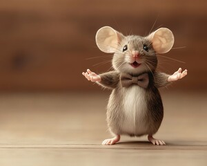 Fototapeta premium Adorable mouse in a suit standing on stage, illuminated by warm lights, holding out its arms in a welcoming gesture.