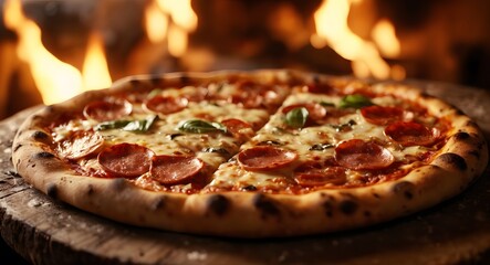 A freshly baked pizza emerges from a traditional wood-fired oven, its golden crust and flavorful toppings enticing.