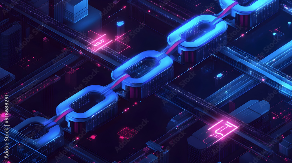 Poster blockchain securing supply chains - a depiction of blockchain technology tracking the entire supply 