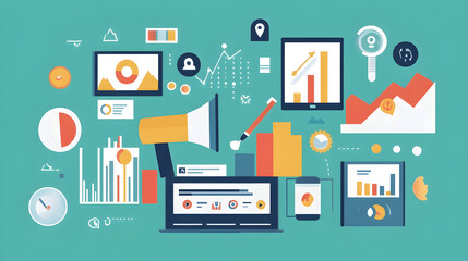 An illustration of a brand awareness campaign, including digital ads, engagement analytics, and brand recognition metrics
