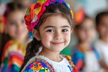 Fototapeta premium Young Girl in Traditional Dress Smiling During Cultural Festival Celebration