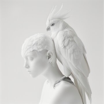 Portrait  of bird sitting on woman's shoulder
