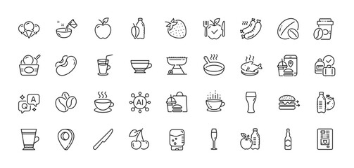 Beans, Beer glass and Grilled sausage line icons pack. AI, Question and Answer, Map pin icons. Soy nut, Fitness water, Cherry web icon. Ice cream, Cappuccino, Vegetarian food pictogram. Vector