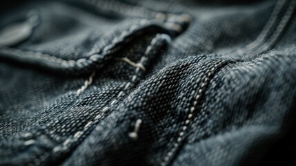 Close up of stitching detail on dark blue denim fabric, emphasizing the texture and craftsmanship of the material
