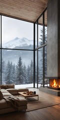A modern fireplace warms a forest chalet interior, while expansive windows frame a breathtaking view of snow-capped mountains, vertical orientation.