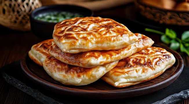 Traditional Azerbaijani food Kutab - fried stuffed flatbread with golden-brown, crispy exterior, served hot on a dark wooden plate.
