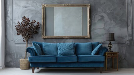 A blue velvet sofa with ornate pillows sits in a room with a large ornate gold frame, a lamp, and a plant in a wicker basket.