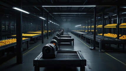 A detailed panoramic image of a futuristic, fully automated dark store warehouse, showing robots managing the process