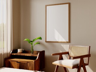 Poster frame mockup in beige and brown colors home interior 3d rendered